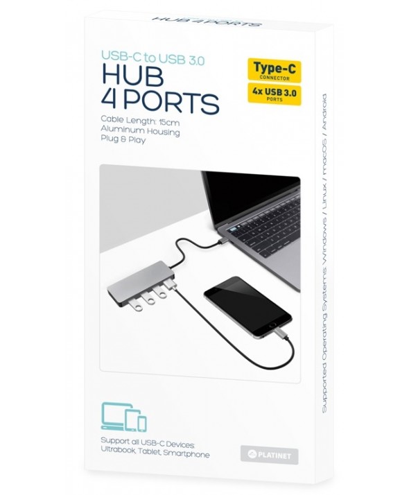 Hub 4 puertos tipo "c" a usb 3.0 aluminio platinet